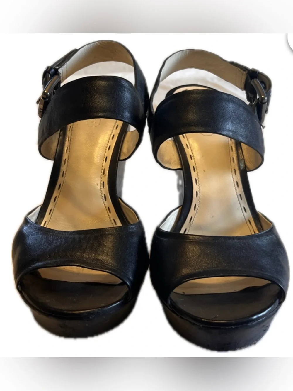 COACH Black Leather Platform Wedge Sandals with Flower Medallion Detail